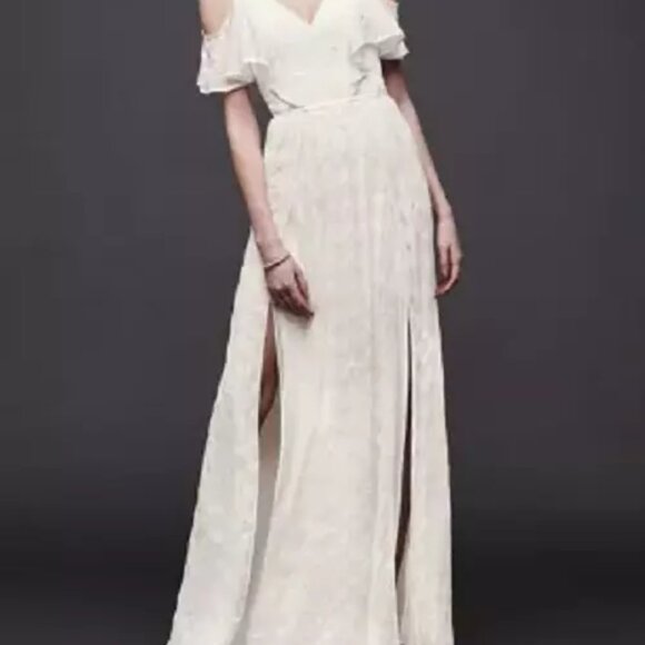 DB Studio Davids Bridal NWT ivory chiffon eyelet sheath ruffle wedding dress, 12 - Picture 2 of 16